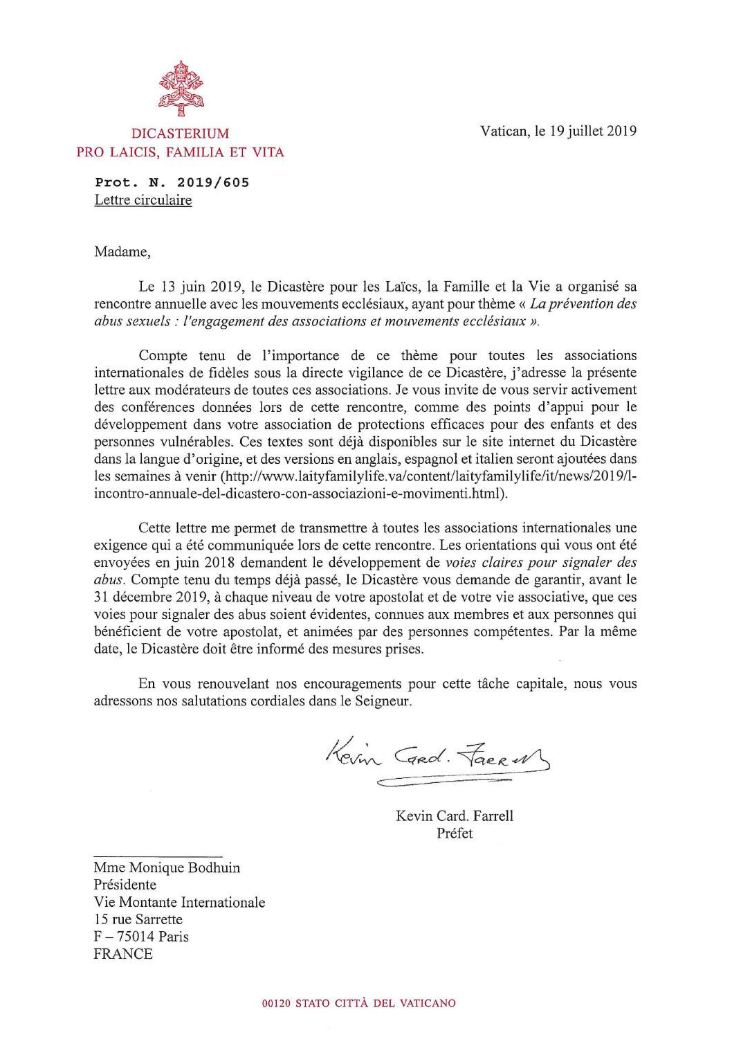 Lettre du Dicastre pour les Lacs la Famille et la Vie